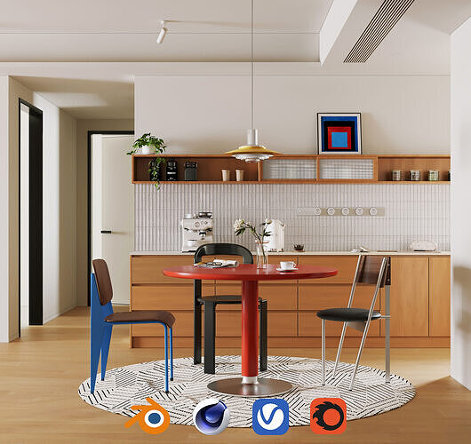 Modern Artistic Dining Area with Colorful Chairs 017 3D model