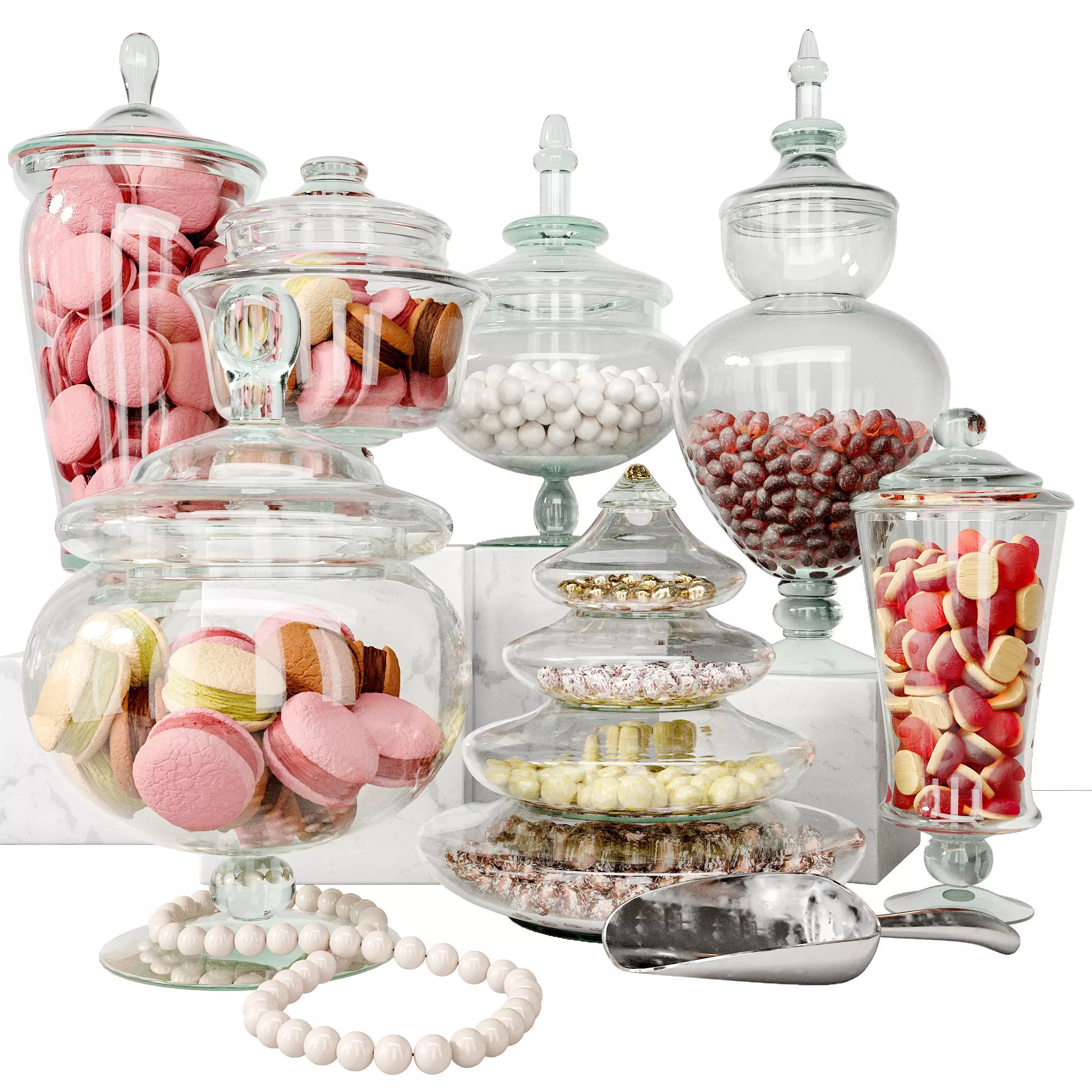 Set of macarons and cookies in beautiful vessels 3D model