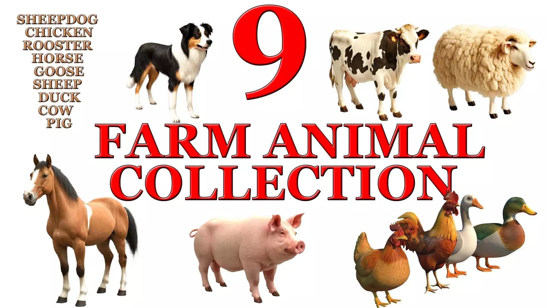 Collection of 3D models of farm animals Low-poly 3D model