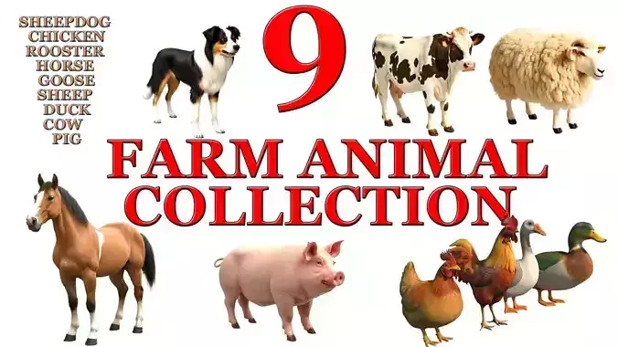 Collection of 3D models of farm animals