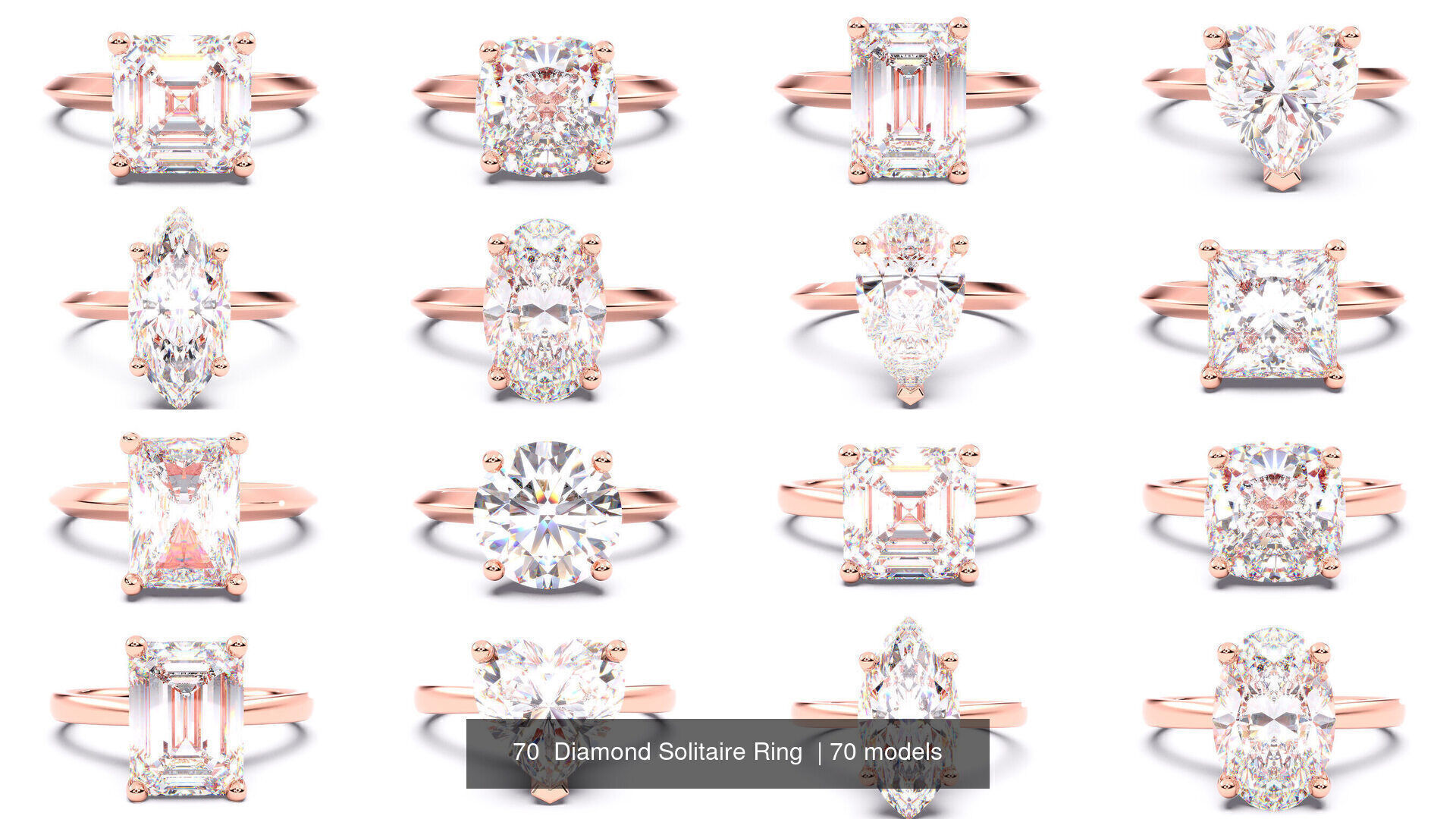 300 Solitaire Wedding Engagement Rings 3dm stl renders details 3D print model_8
