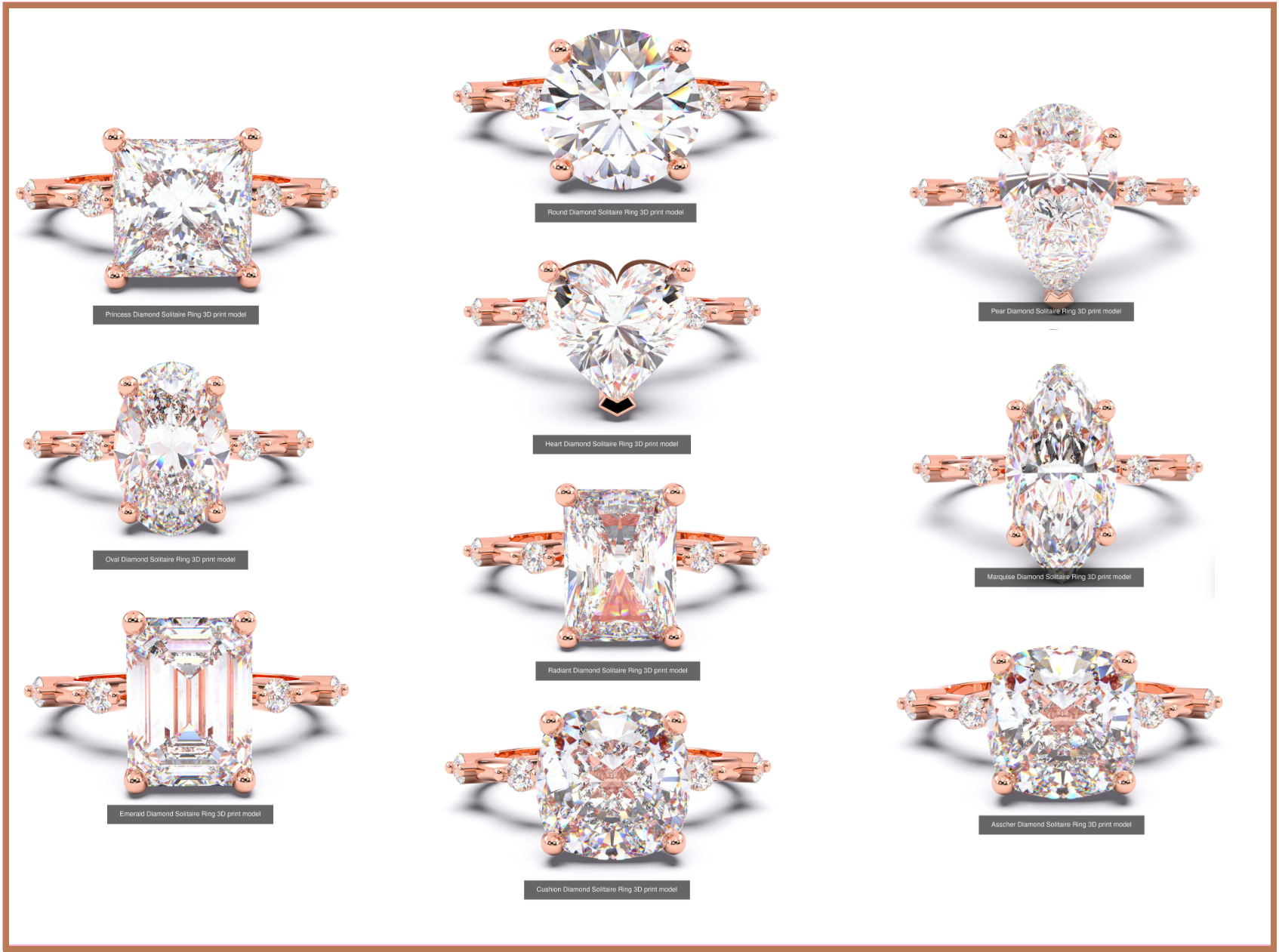300 Solitaire Wedding Engagement Rings 3dm stl renders details 3D print model_10