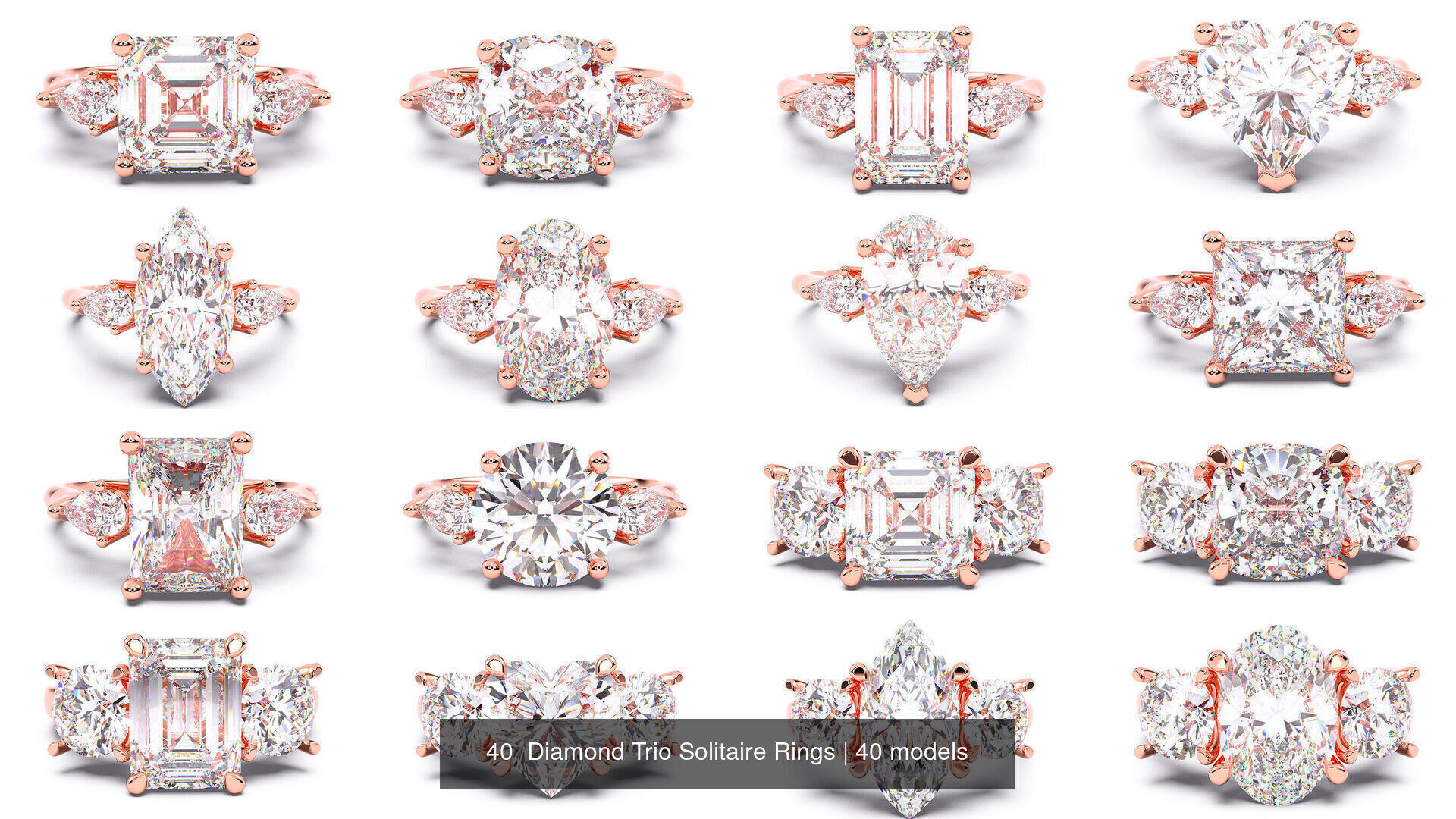 300 Solitaire Wedding Engagement Rings 3dm stl renders details 3D print model_5