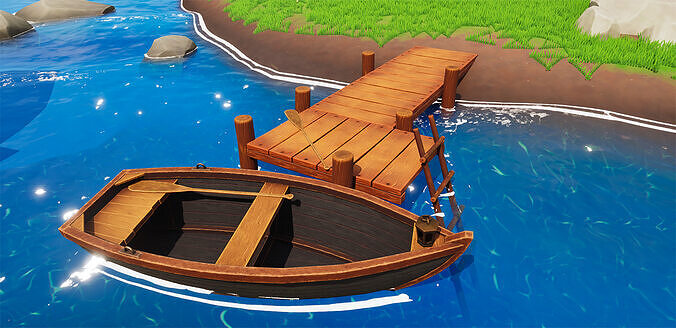 Stylized Boat and Modular Pier Low-poly 3D model