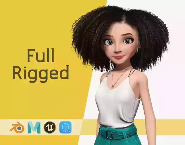 Natural Curly Hair Rigged Stylized 3D Female Expressive Low-poly 3D model