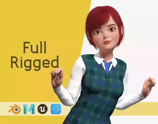 Red Hair and School Outfit Rigged Stylized High School Girl 3D Low-poly 3D model