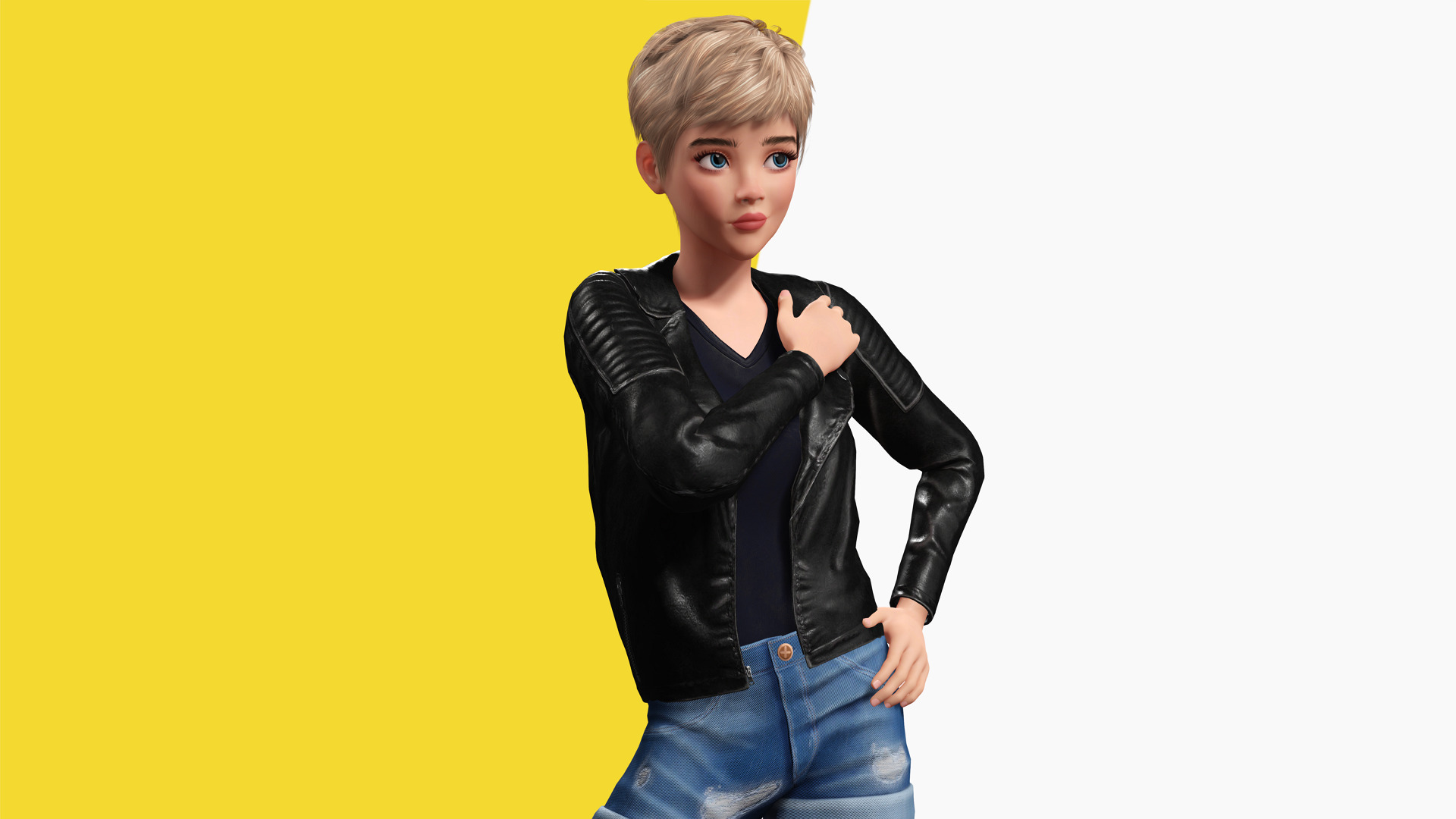 Edgy Fashion Look with Leather Jacket Cartoon Modern 3D Female Low-poly 3D model_2