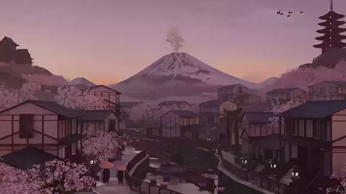 FREE Rustic Japan Village Landscape with Mount Fuji
