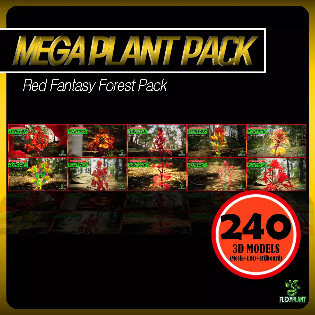 MEGA PLANT PACK - 10 Red Fantasy Forest Pack Low-poly 3D model