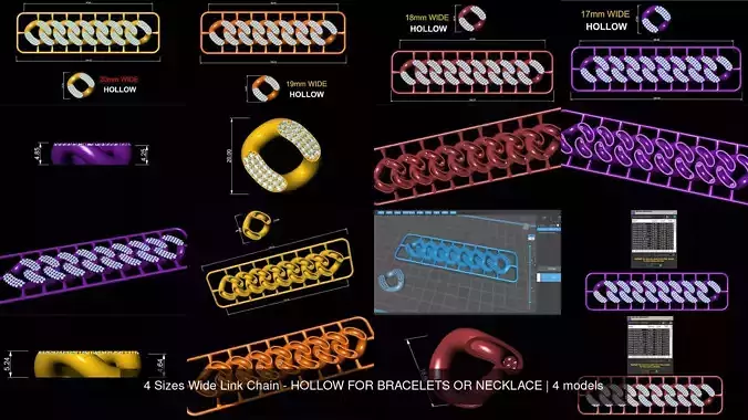 4 Sizes Wide Link Chain - HOLLOW FOR BRACELETS OR NECKLACE 3D Model Collection