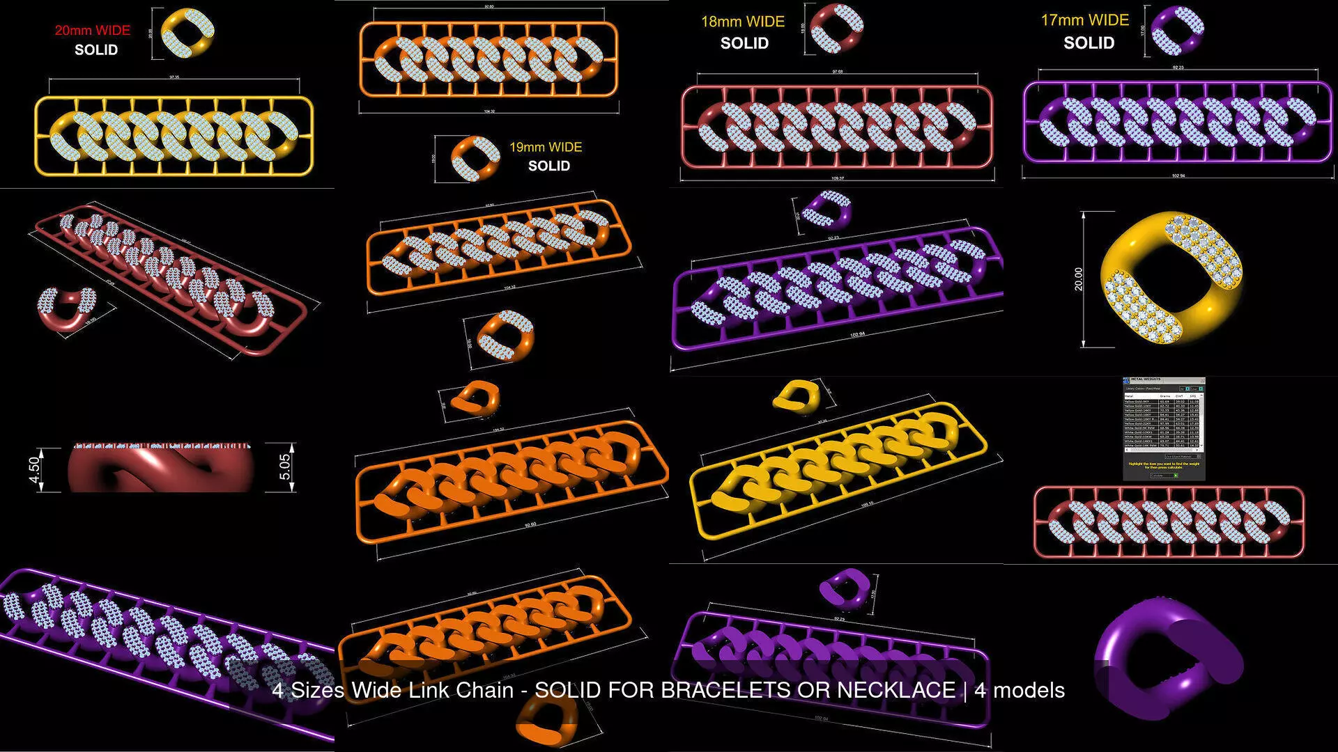 4 Sizes Wide Link Chain - SOLID FOR BRACELETS OR NECKLACE 3D Model Collection_0