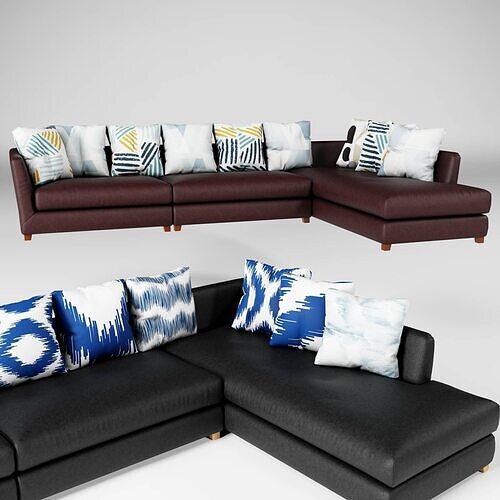 L shape Leather sofa set Low-poly 3D model