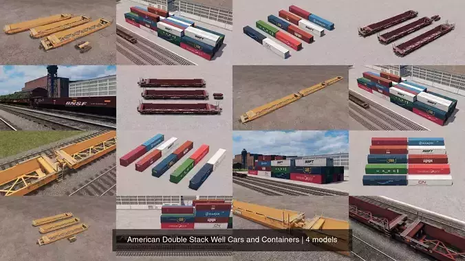 American Double Stack Well Cars and Containers 3D Model Collection