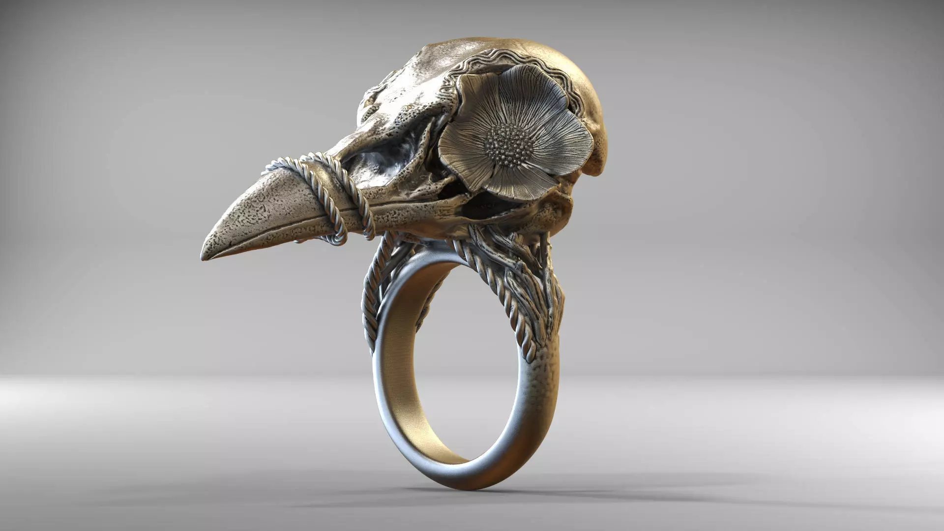 Bird Skull Ring With Flower STL 3d model for 3d printer 3D print model_0