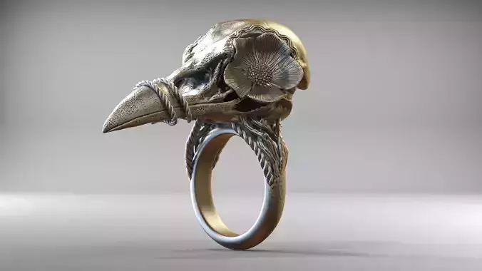 Bird Skull Ring With Flower STL 3d model for 3d printer 3D print model