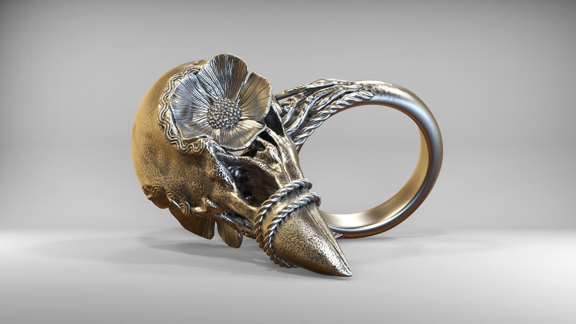 Bird Skull Ring With Flower STL 3d model for 3d printer 3D print model_1