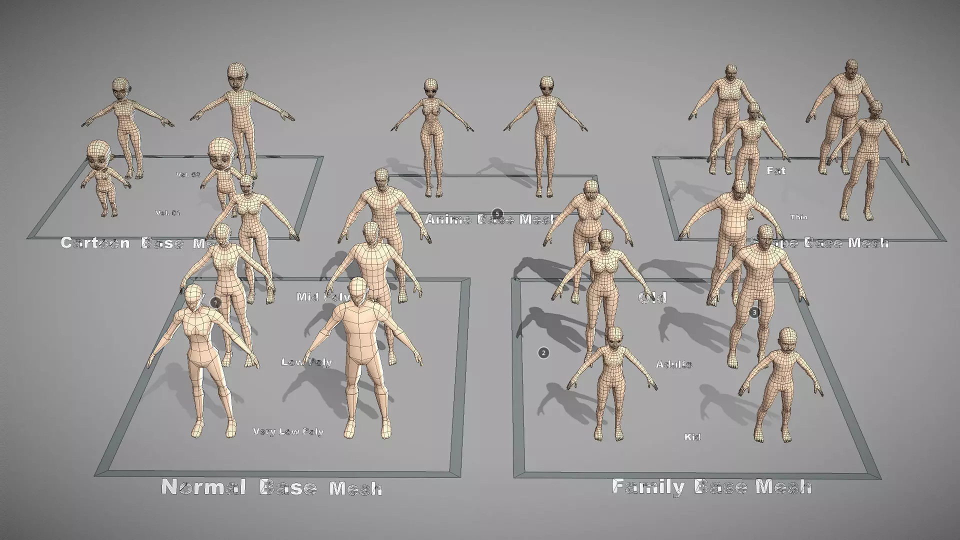 Base Mesh Pack - Character Collection Low-poly 3D model_1
