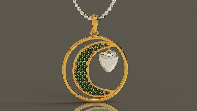 Pave set round cut diamond moon and heart pendant 3D print model