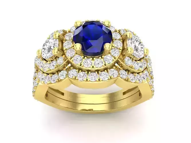 AV 533 Diamond 3 Stone Bridal Halo Engagement Ring Set