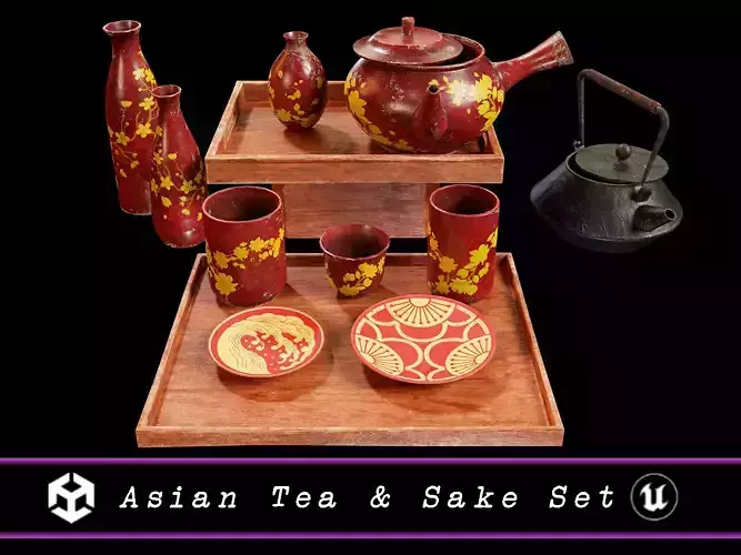 Asian Tea and Sake Set Low-poly 3D model