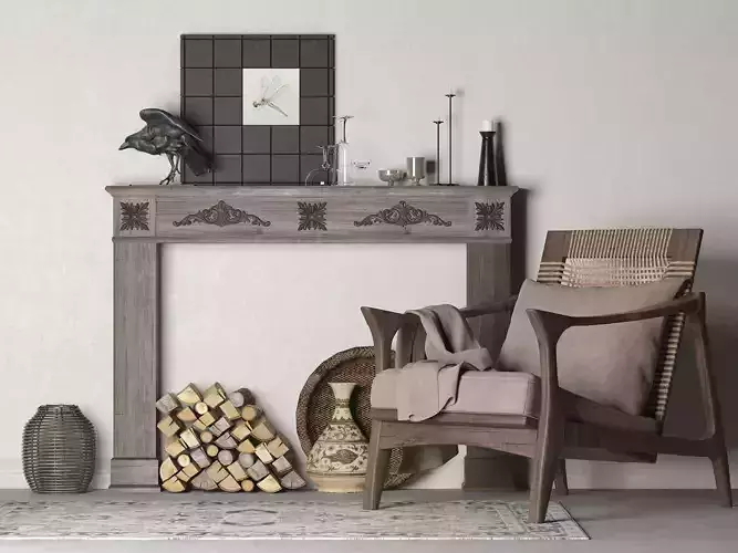 Rustic Fireplace with Decorative Elements and Modern Armchair