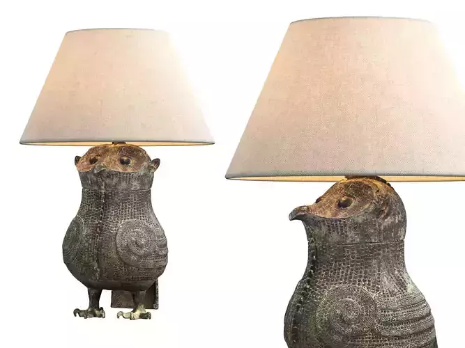 Owl Sculpture Table Lamp with Elegant Fabric Shade 3D model