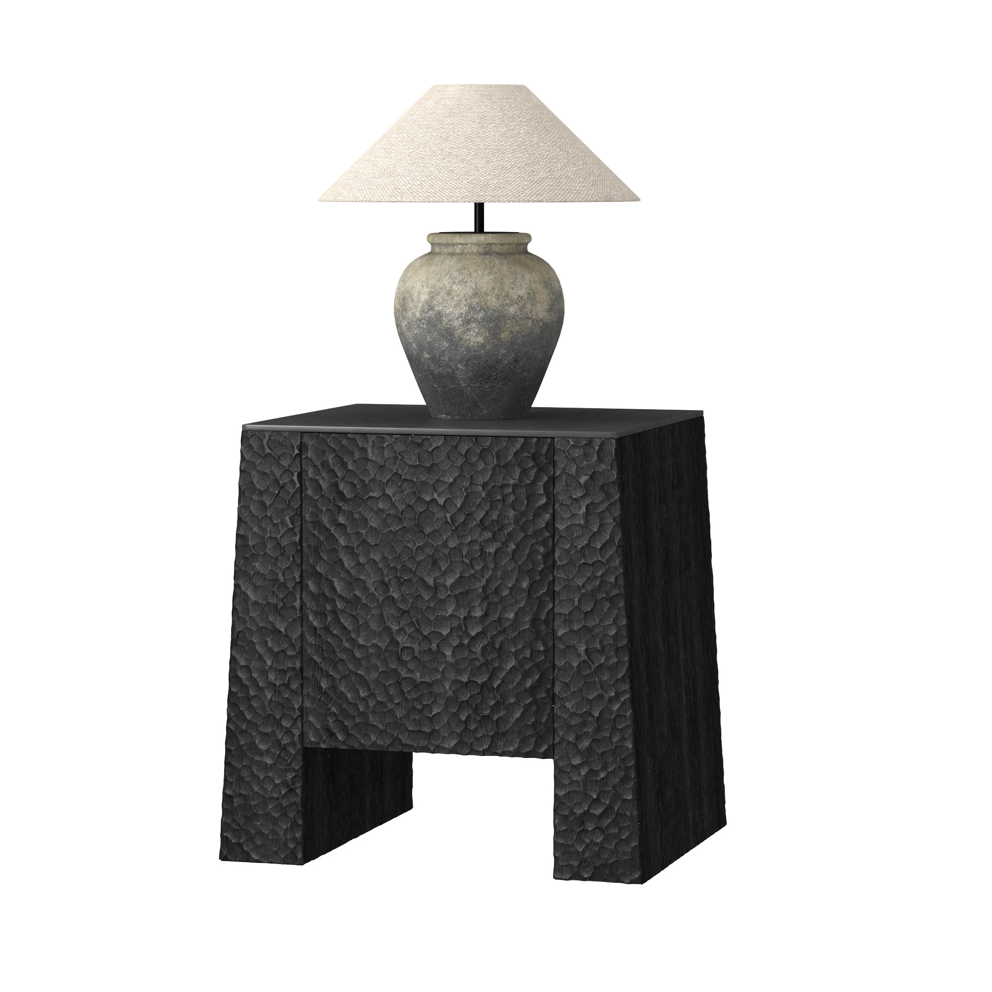 Hammered Wood Nightstand with Pottery Table Lamp 3D model_2