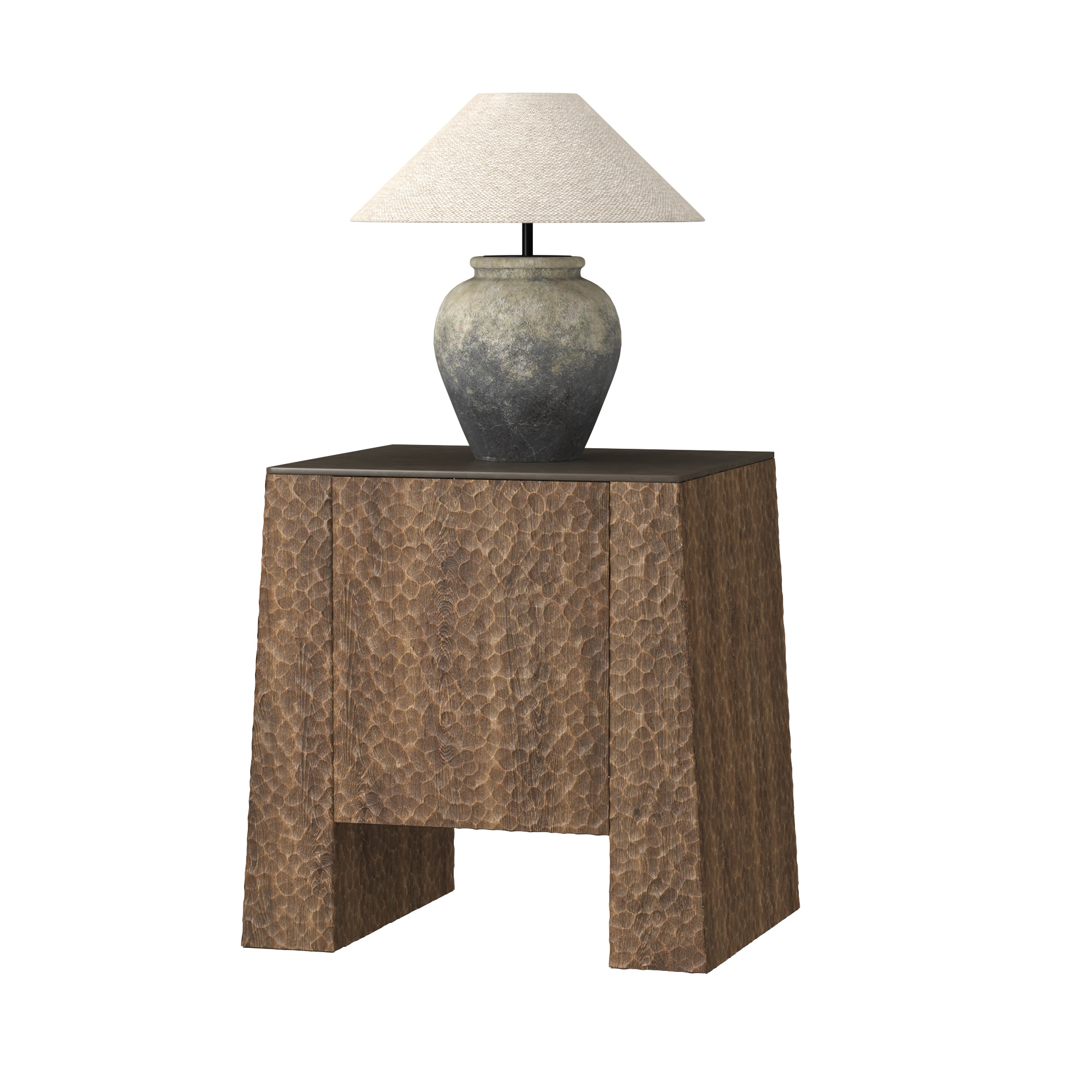 Hammered Wood Nightstand with Pottery Table Lamp 3D model_1