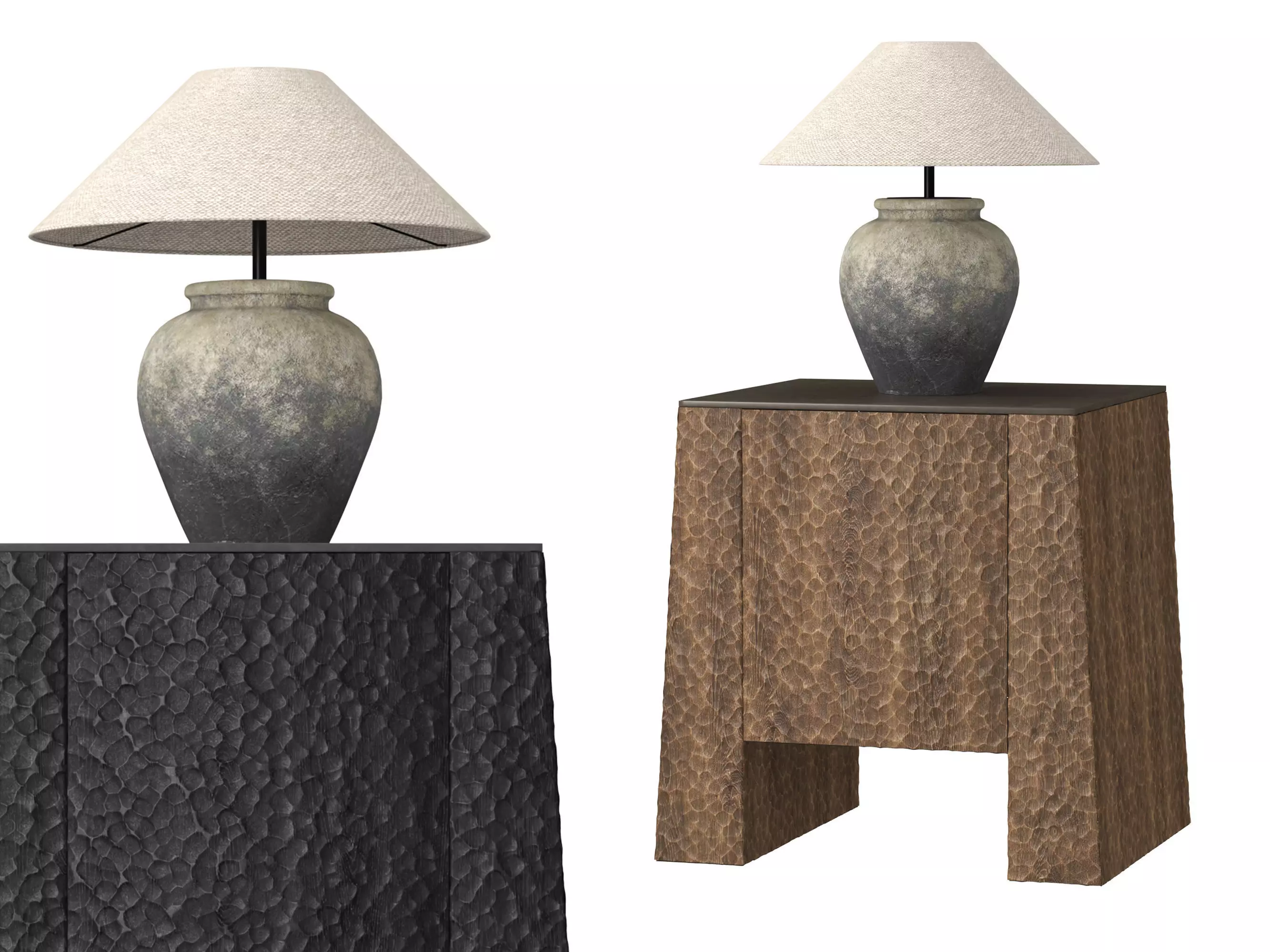 Hammered Wood Nightstand with Pottery Table Lamp 3D model_0
