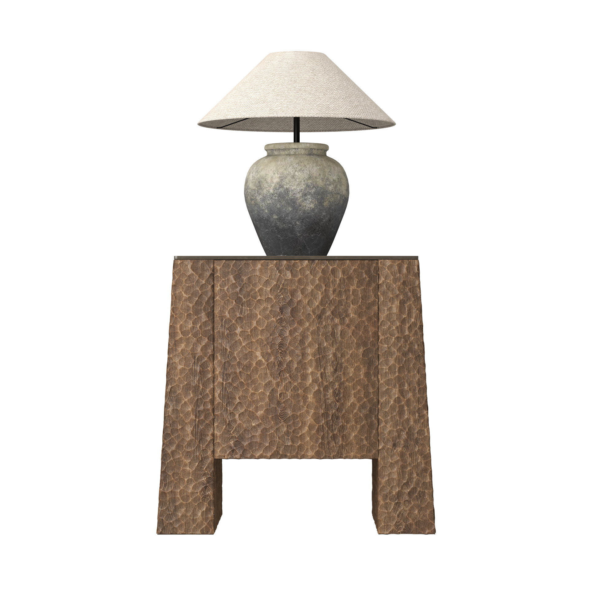 Hammered Wood Nightstand with Pottery Table Lamp 3D model_3