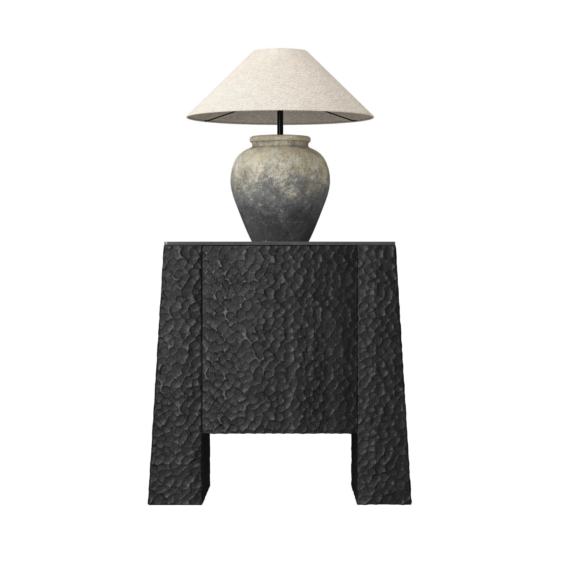 Hammered Wood Nightstand with Pottery Table Lamp 3D model_4