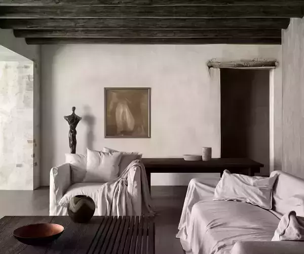 Wabisabi Living Room with Sculptural Decor and Neutral Tones