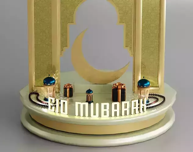 Eid Mubarak 3D Scene Crescent Moon Lanterns Blender