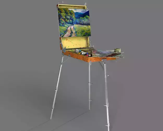 portable easel for painting with canvas paint and brushes