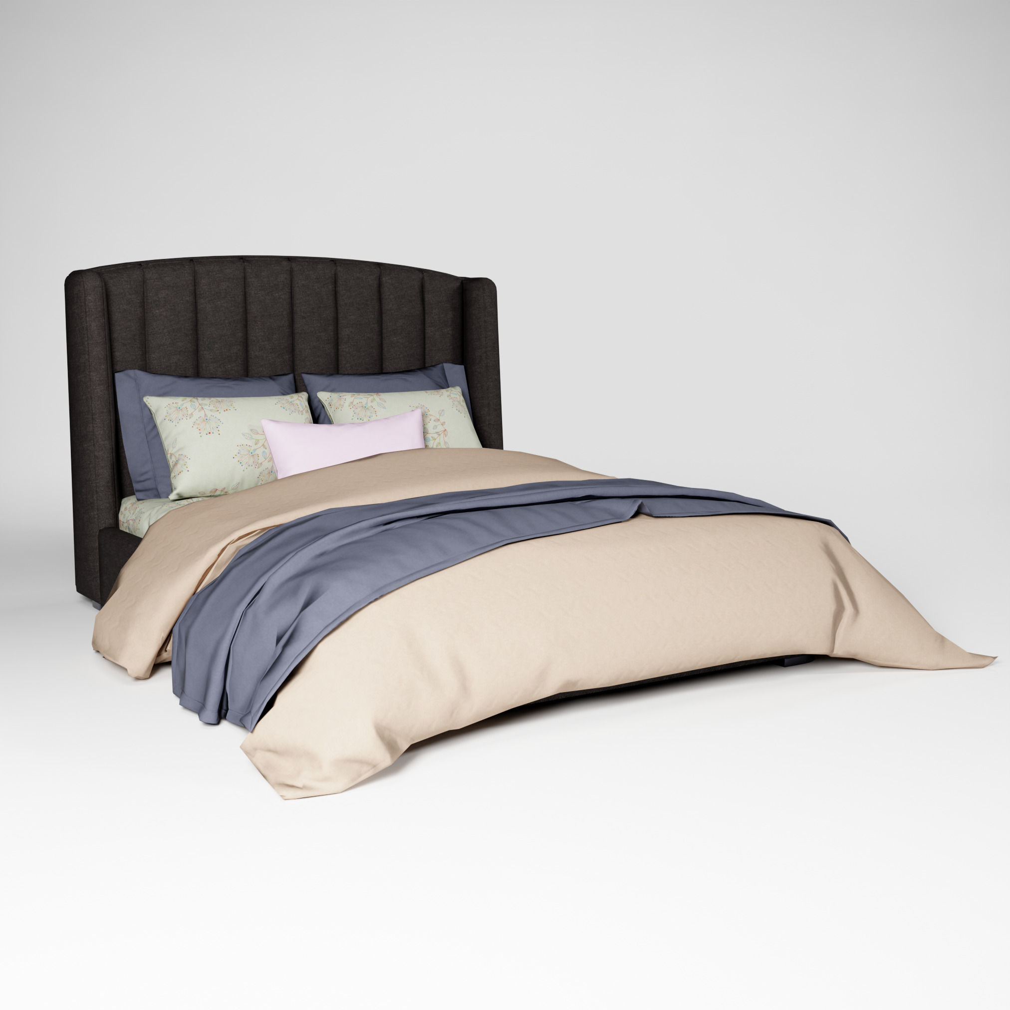 Modern Upholstered Queen Size Bed Low-poly 3D model_1