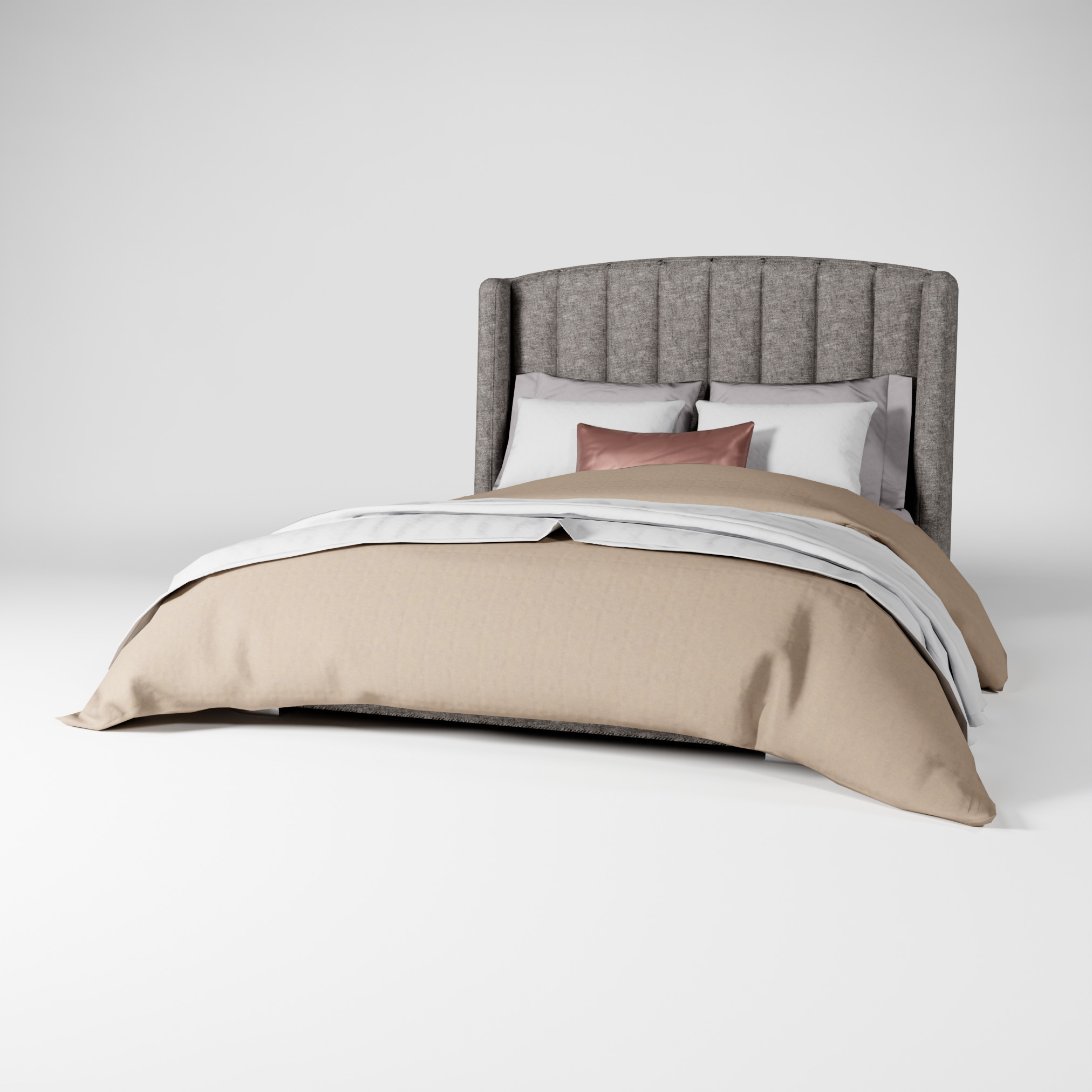 Modern Upholstered Queen Size Bed Low-poly 3D model_2