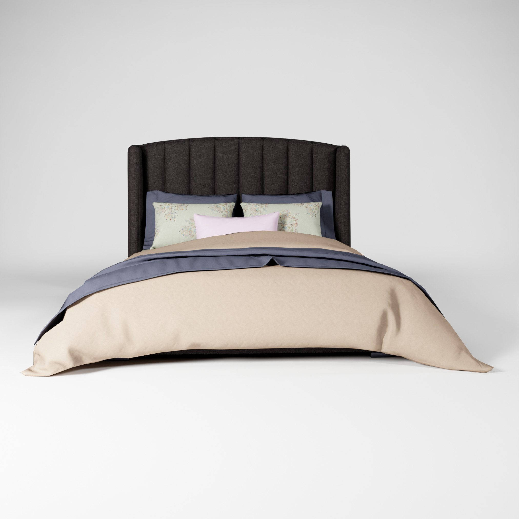 Modern Upholstered Queen Size Bed Low-poly 3D model_8
