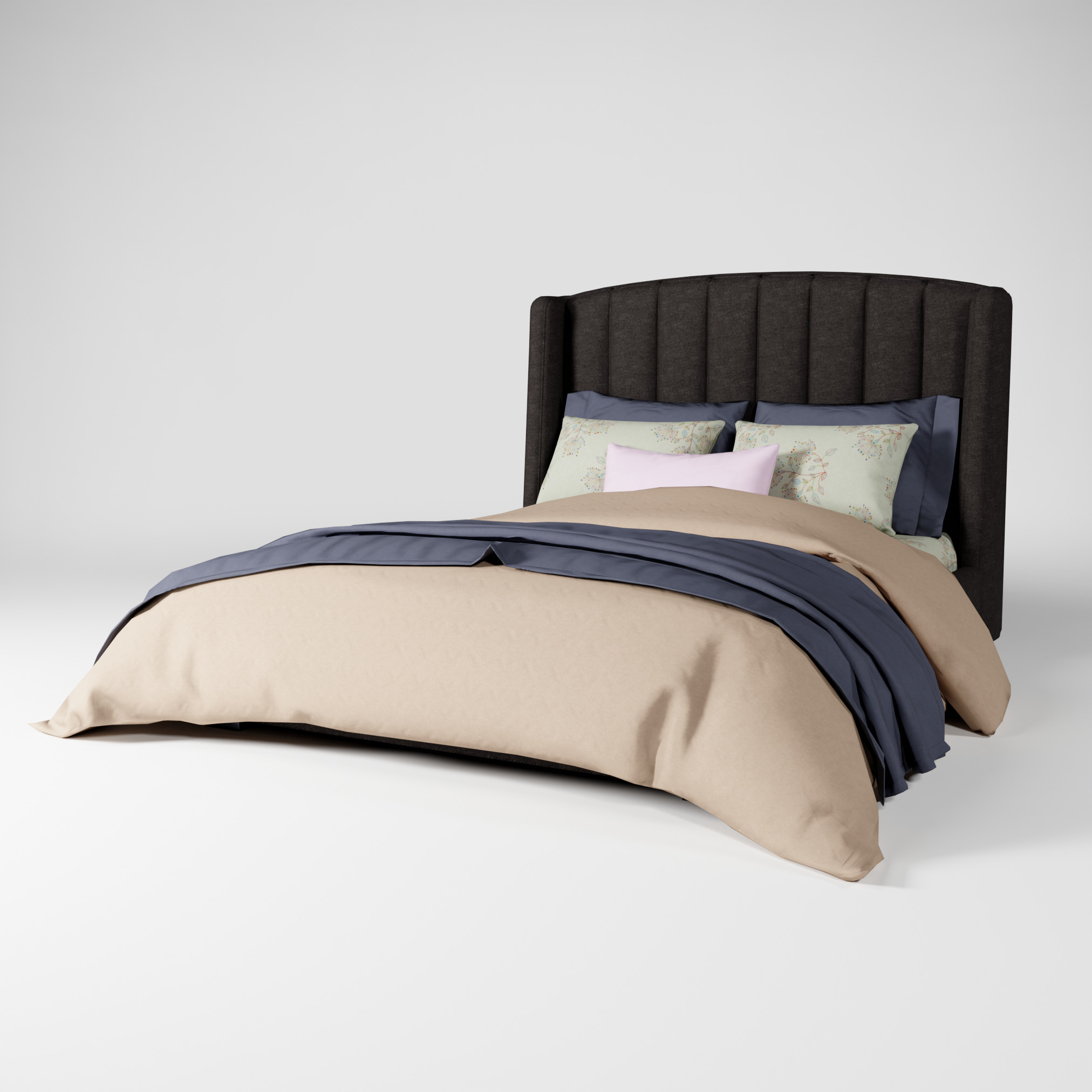 Modern Upholstered Queen Size Bed Low-poly 3D model_9