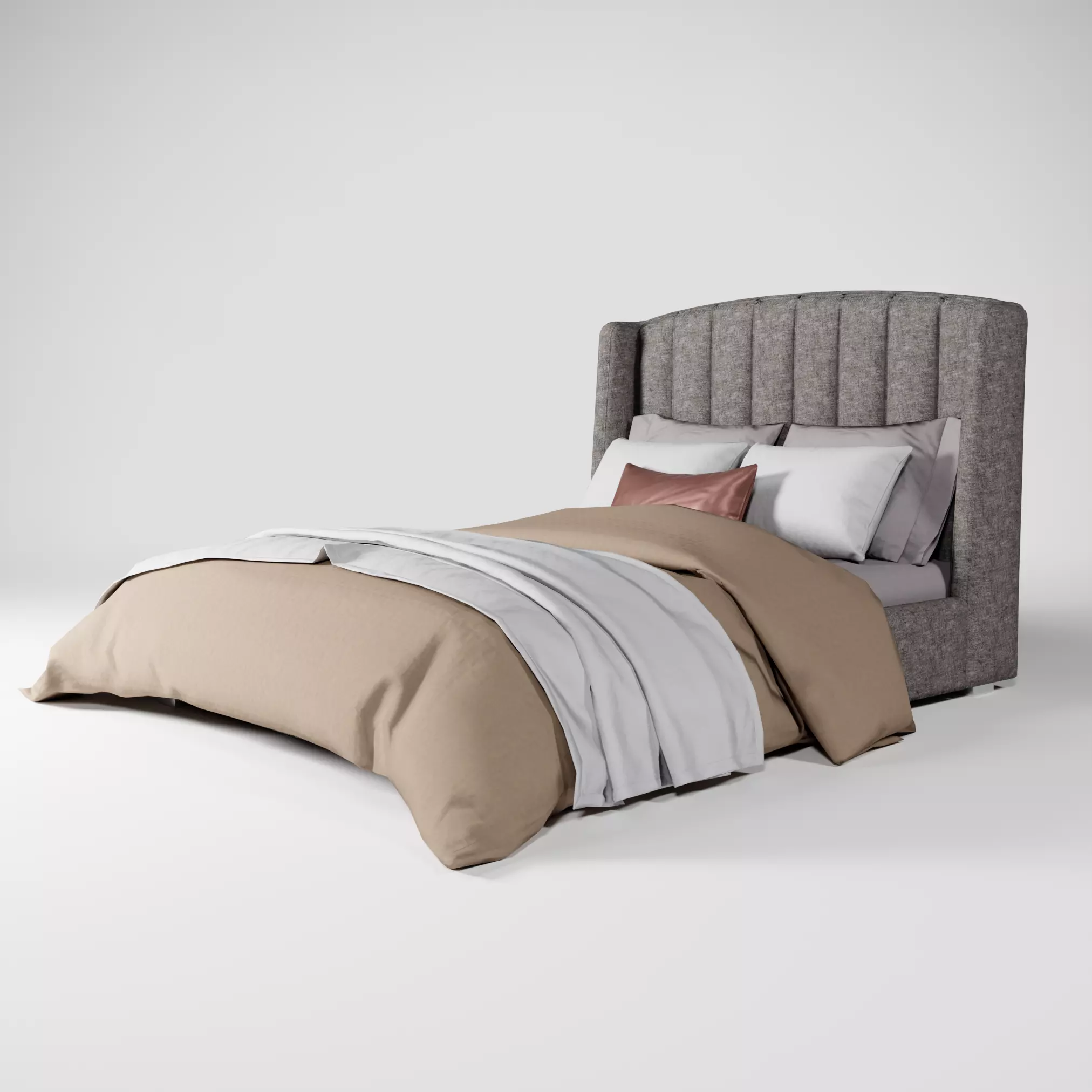 Modern Upholstered Queen Size Bed Low-poly 3D model_0
