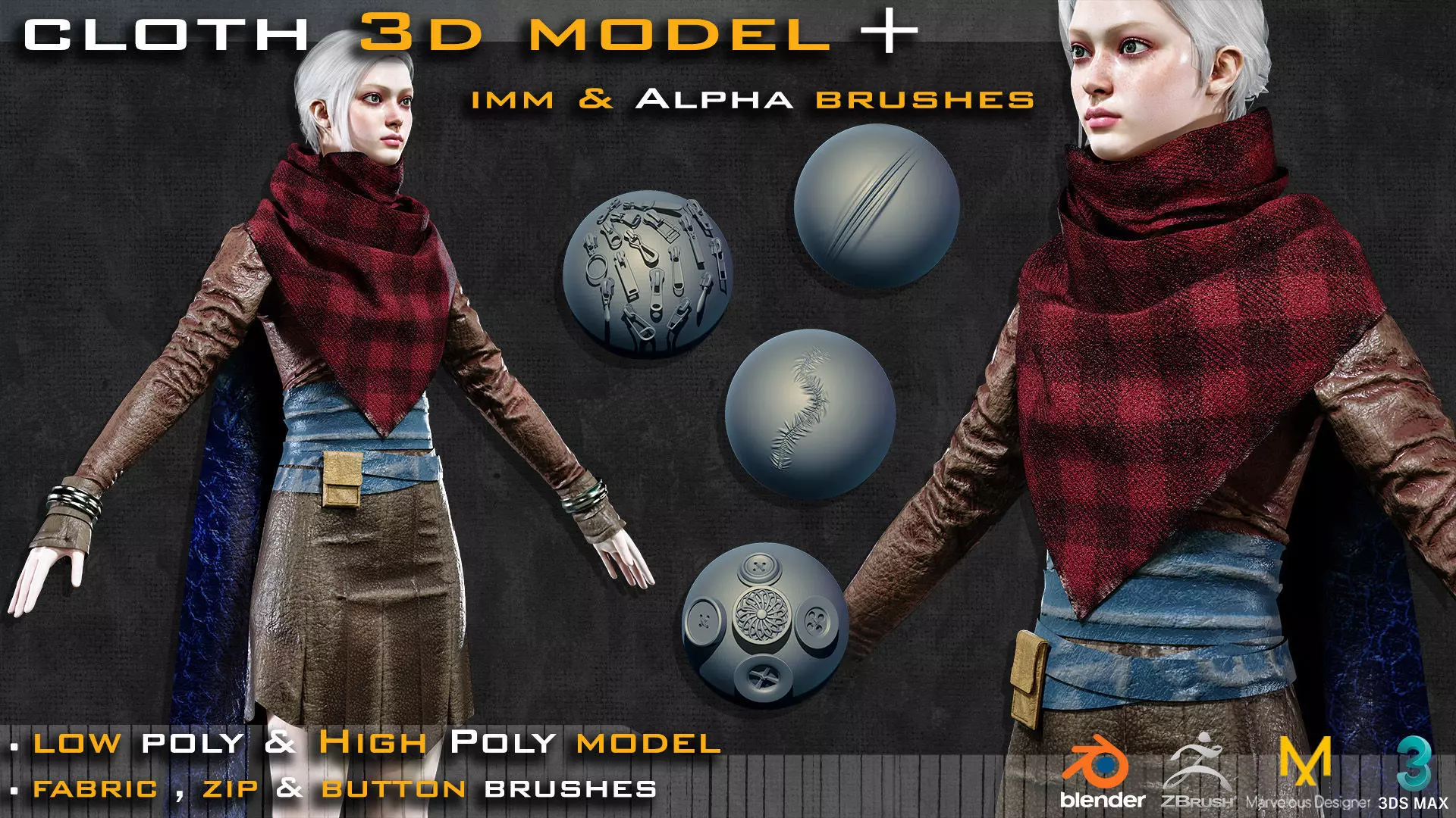 Cloth 3D Model and 75 Zbrush and Blender Brushes Low-poly 3D model_0