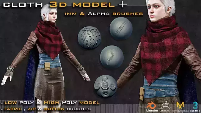 Cloth 3D Model and 75 Zbrush and Blender Brushes 