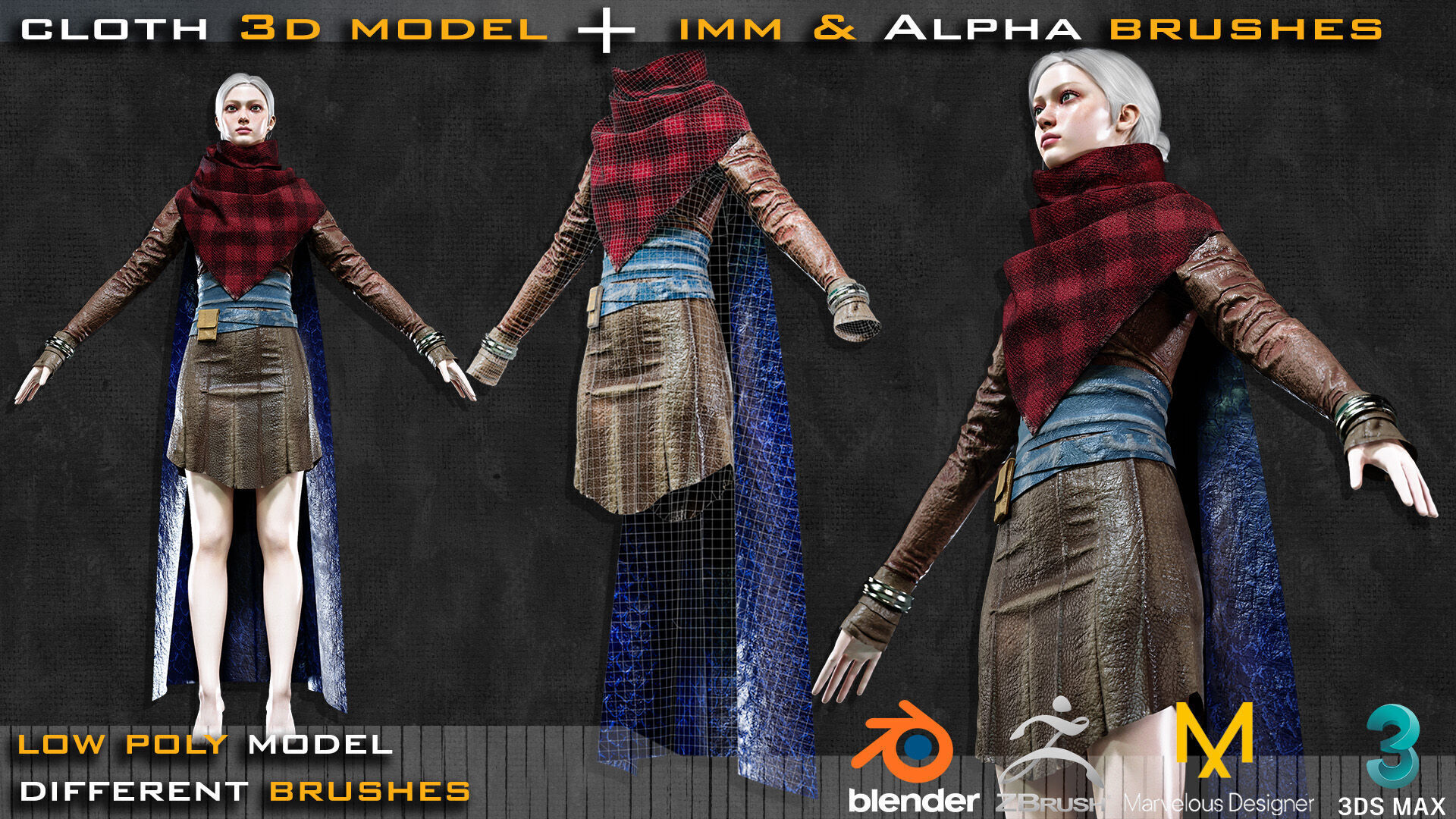 Cloth 3D Model and 75 Zbrush and Blender Brushes Low-poly 3D model_4