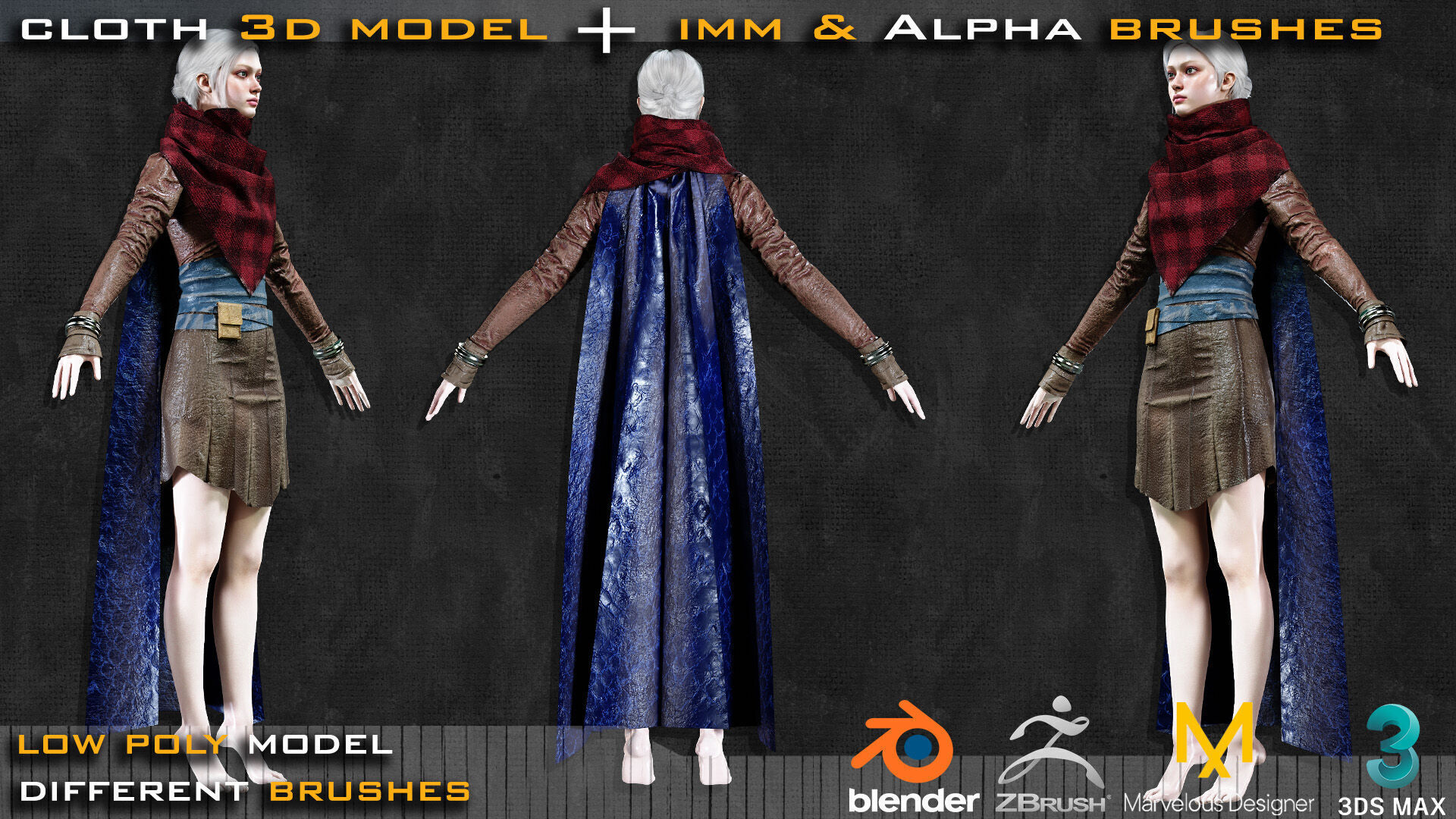 Cloth 3D Model and 75 Zbrush and Blender Brushes Low-poly 3D model_3