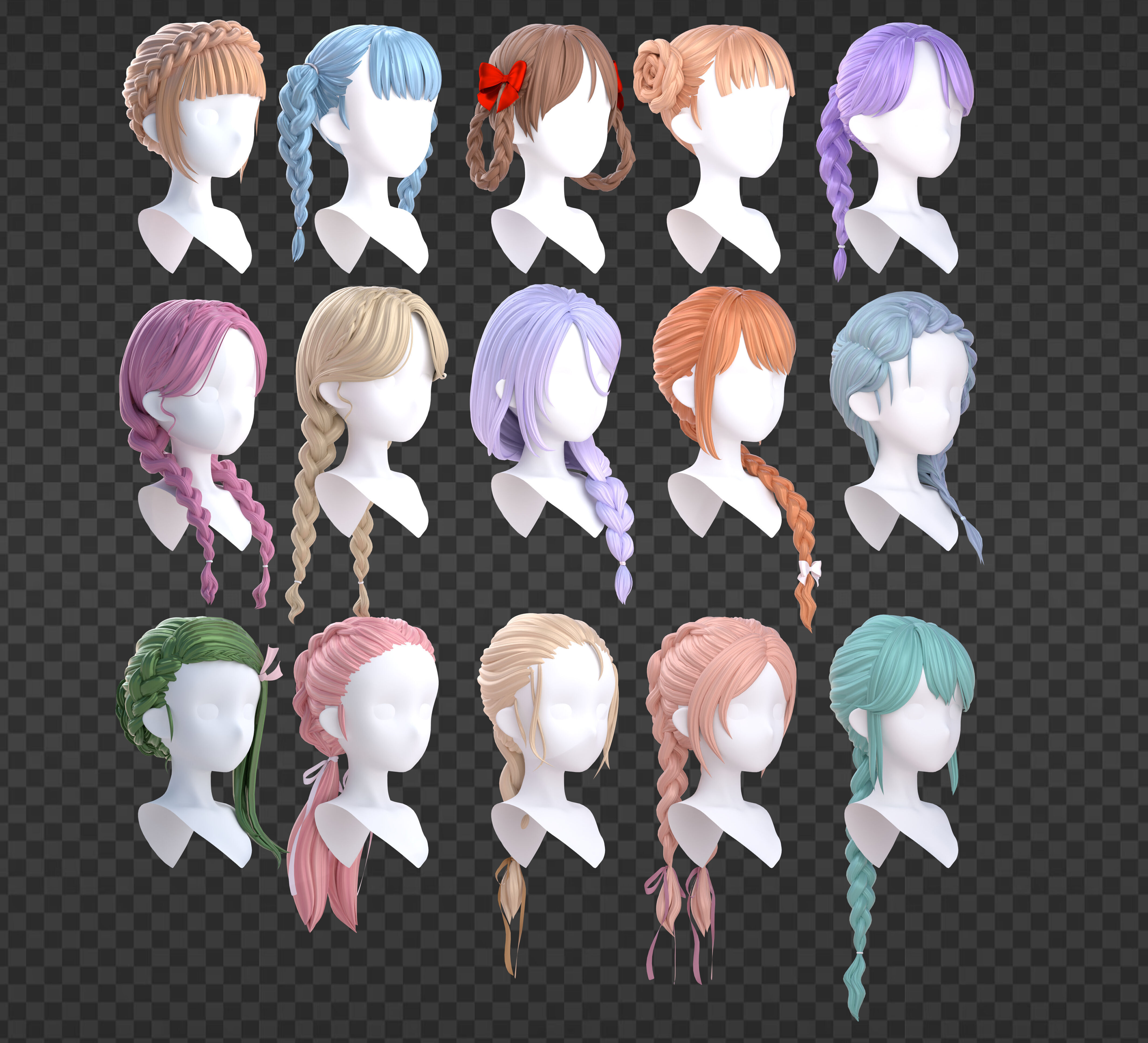 15 Braided Hairstyles 3D models -fbx-obj-blend files Low-poly 3D model_10