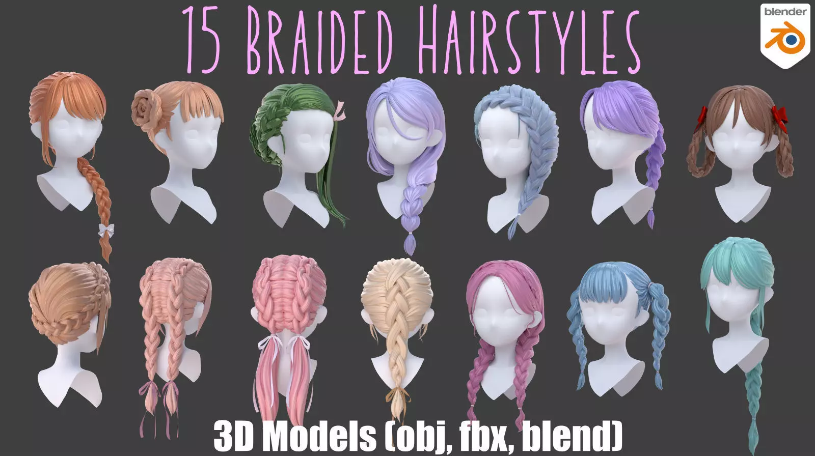 15 Braided Hairstyles 3D models -fbx-obj-blend files Low-poly 3D model_0