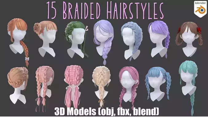 15 Braided Hairstyles 3D models -fbx-obj-blend files Low-poly 3D model