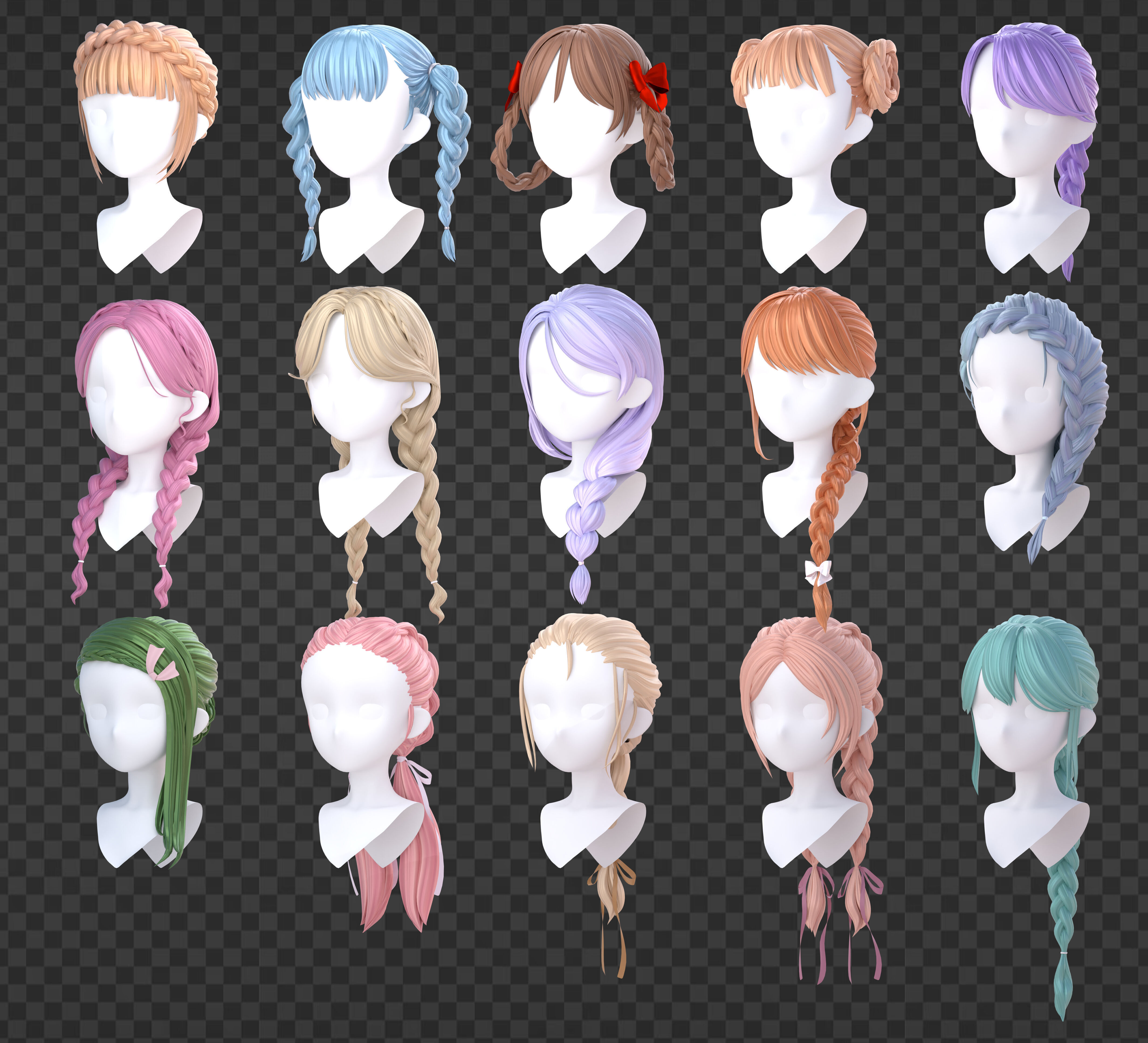15 Braided Hairstyles 3D models -fbx-obj-blend files Low-poly 3D model_8