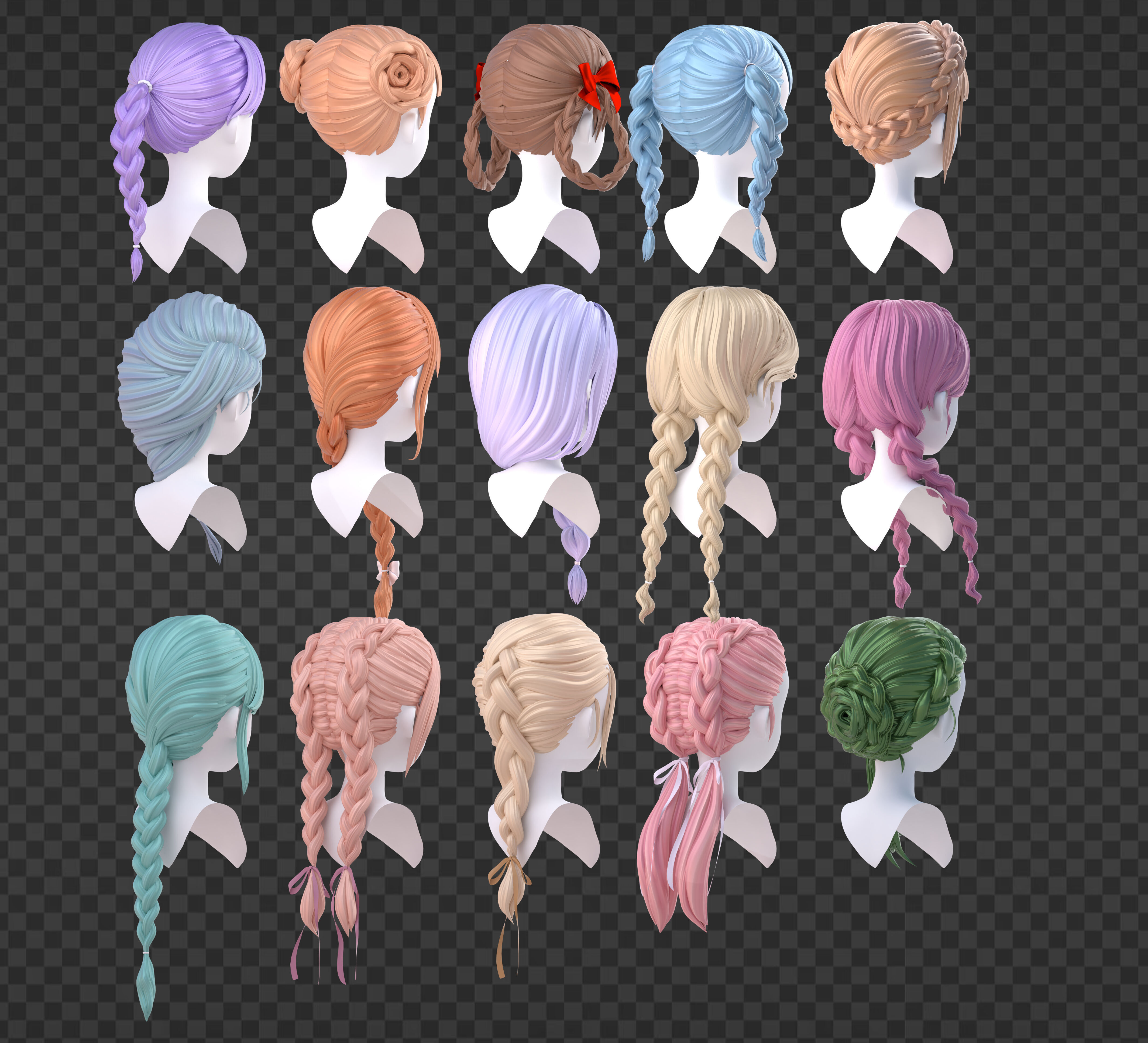 15 Braided Hairstyles 3D models -fbx-obj-blend files Low-poly 3D model_9