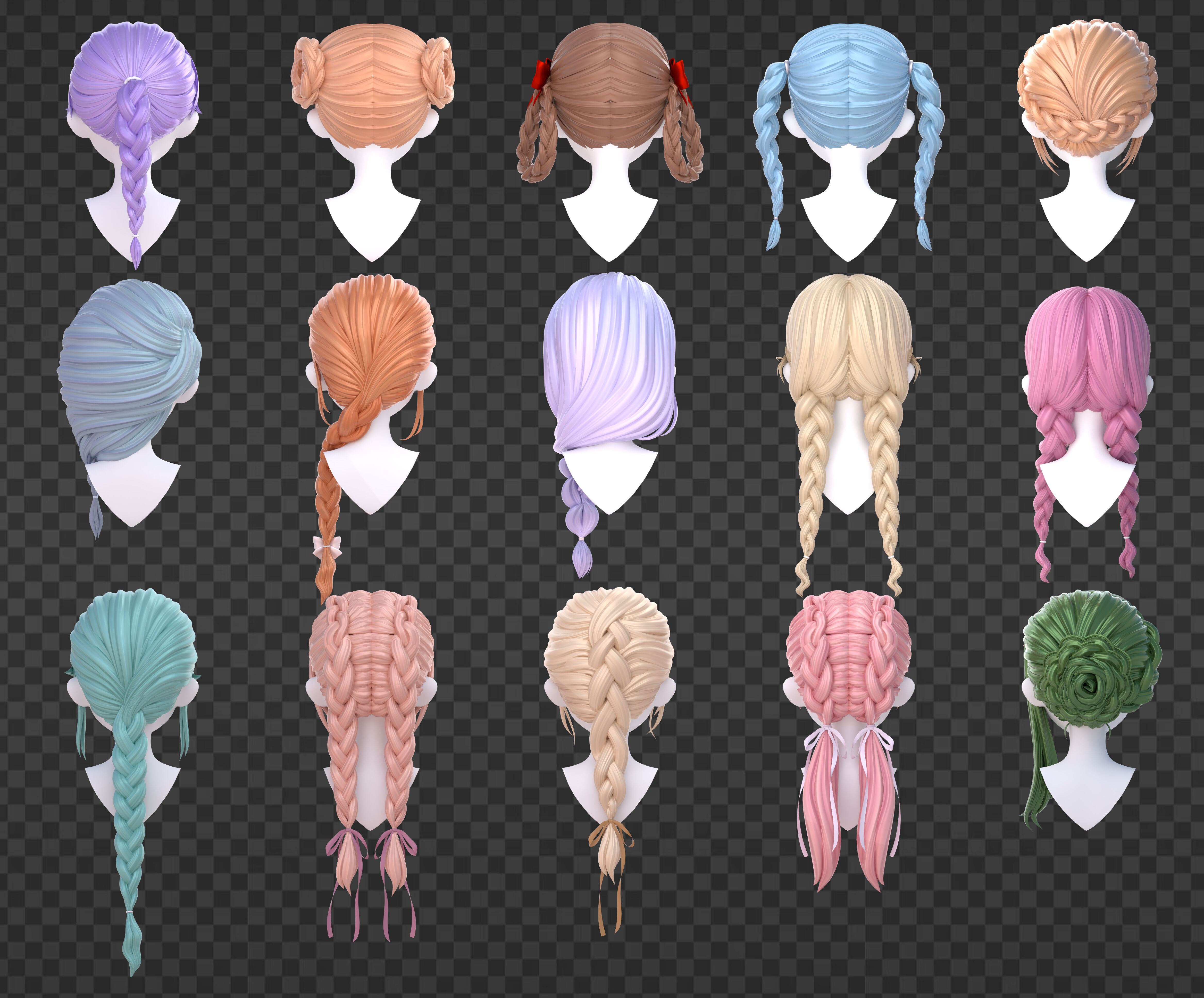 15 Braided Hairstyles 3D models -fbx-obj-blend files Low-poly 3D model_7