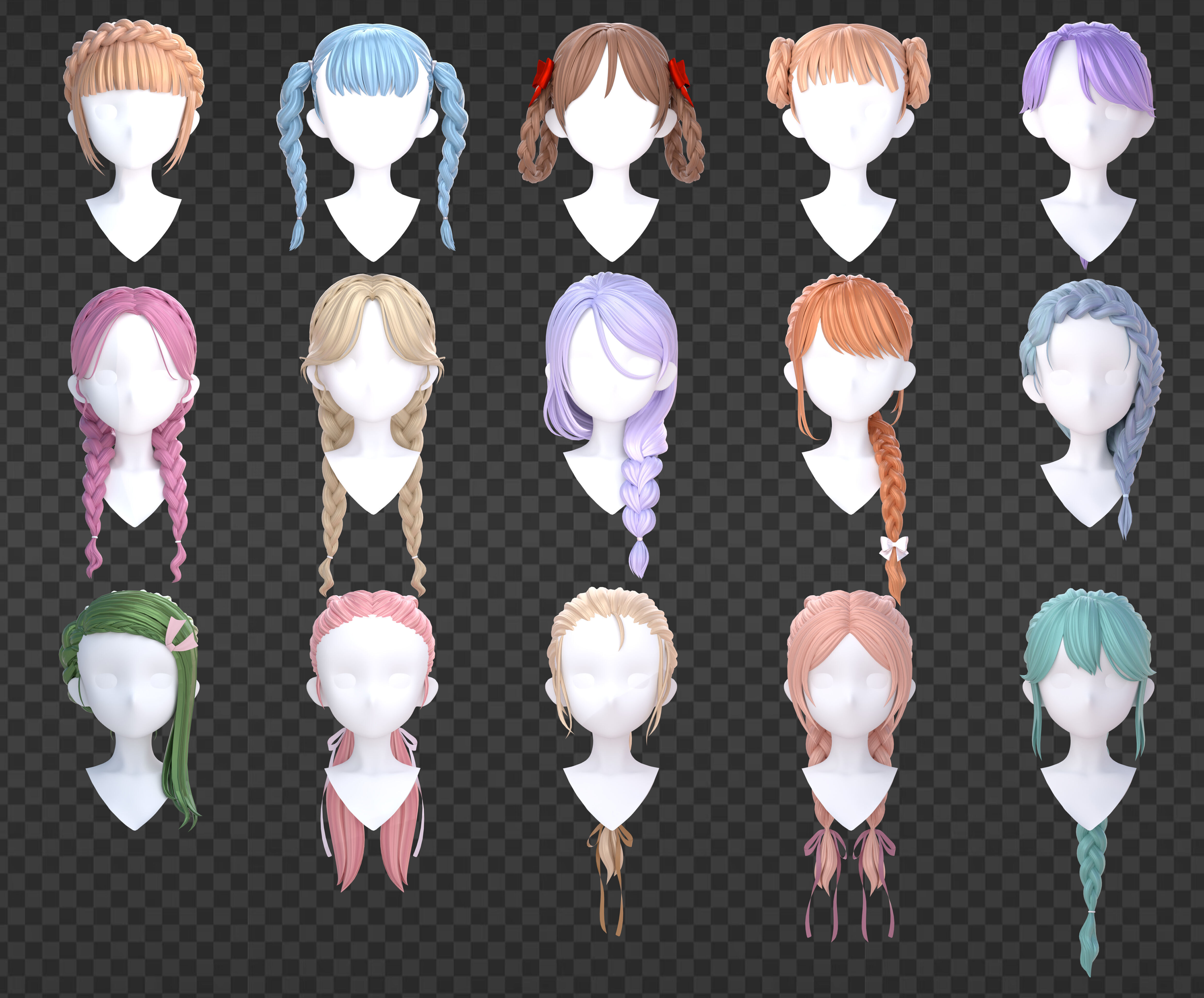 15 Braided Hairstyles 3D models -fbx-obj-blend files Low-poly 3D model_6